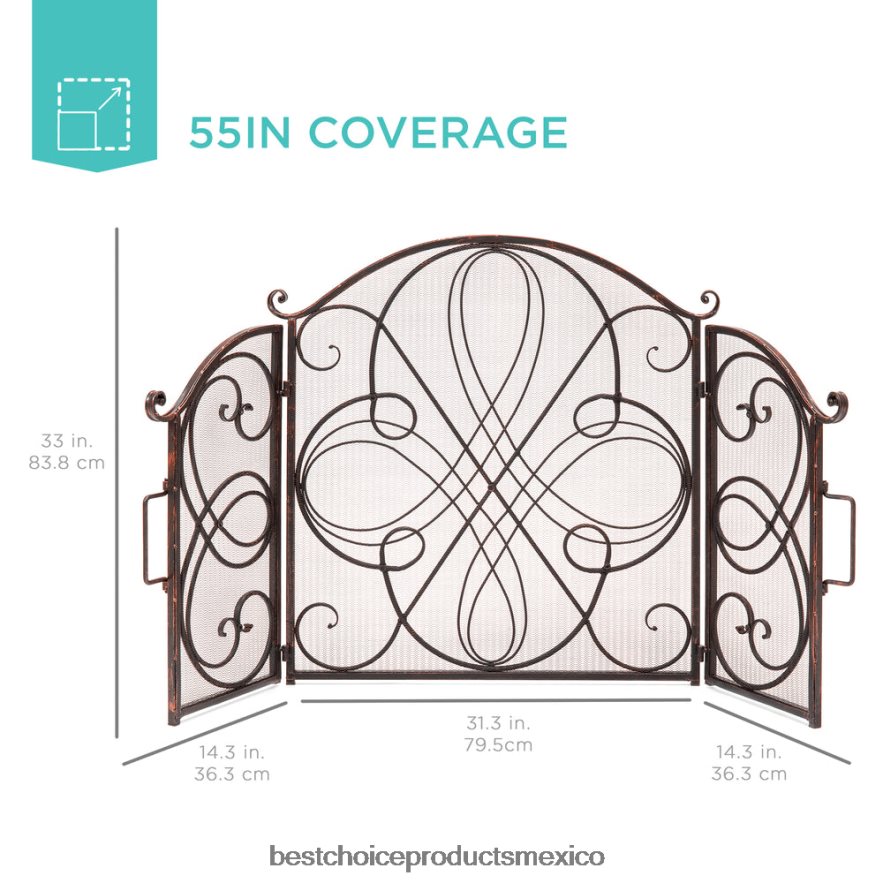 accesorio Cubierta de pantalla para chimenea de metal de hierro forjado de 3 paneles con diseño de volutas Best Choice Products cobre X080FZ1262