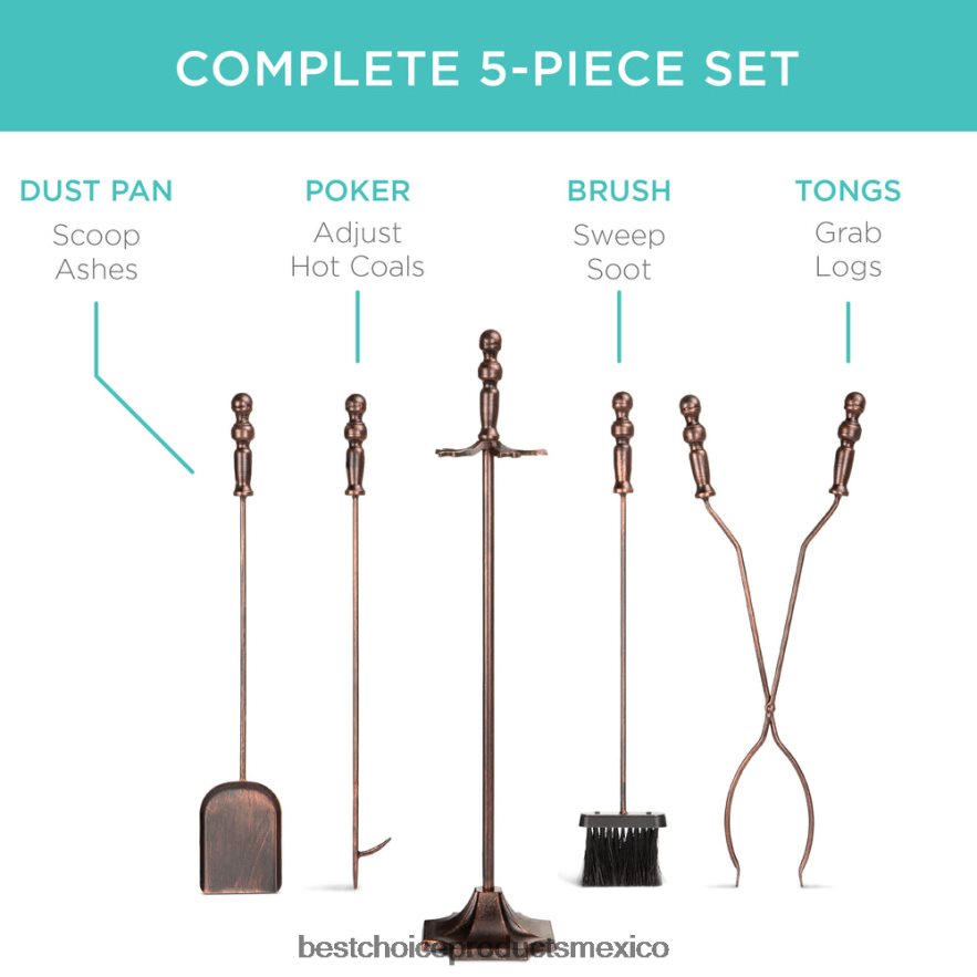 accesorio Juego de herramientas para chimenea y brasero de interior y exterior de hierro rústico de 5 piezas con soporte Best Choice Products cobre X080FZ704