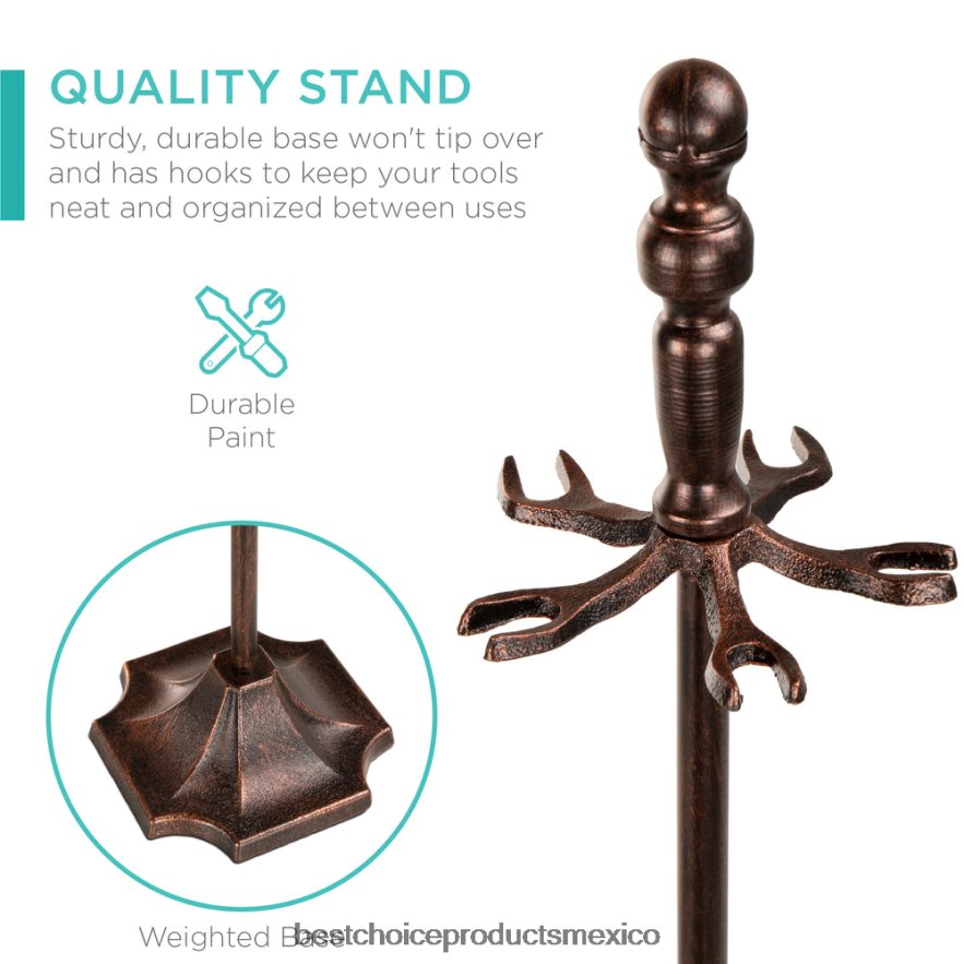 accesorio Juego de herramientas para chimenea y brasero de interior y exterior de hierro rústico de 5 piezas con soporte Best Choice Products cobre X080FZ704