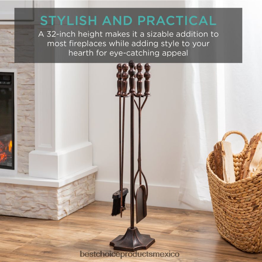 accesorio Juego de herramientas para chimenea y brasero de interior y exterior de hierro rústico de 5 piezas con soporte Best Choice Products cobre X080FZ704