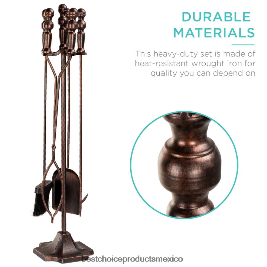 accesorio Juego de herramientas para chimenea y brasero de interior y exterior de hierro rústico de 5 piezas con soporte Best Choice Products cobre X080FZ704