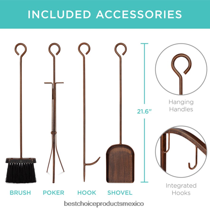 accesorio Juego de herramientas para soporte de leña de 5 piezas con gancho, escoba, pala y pinzas Best Choice Products cobre X080FZ352