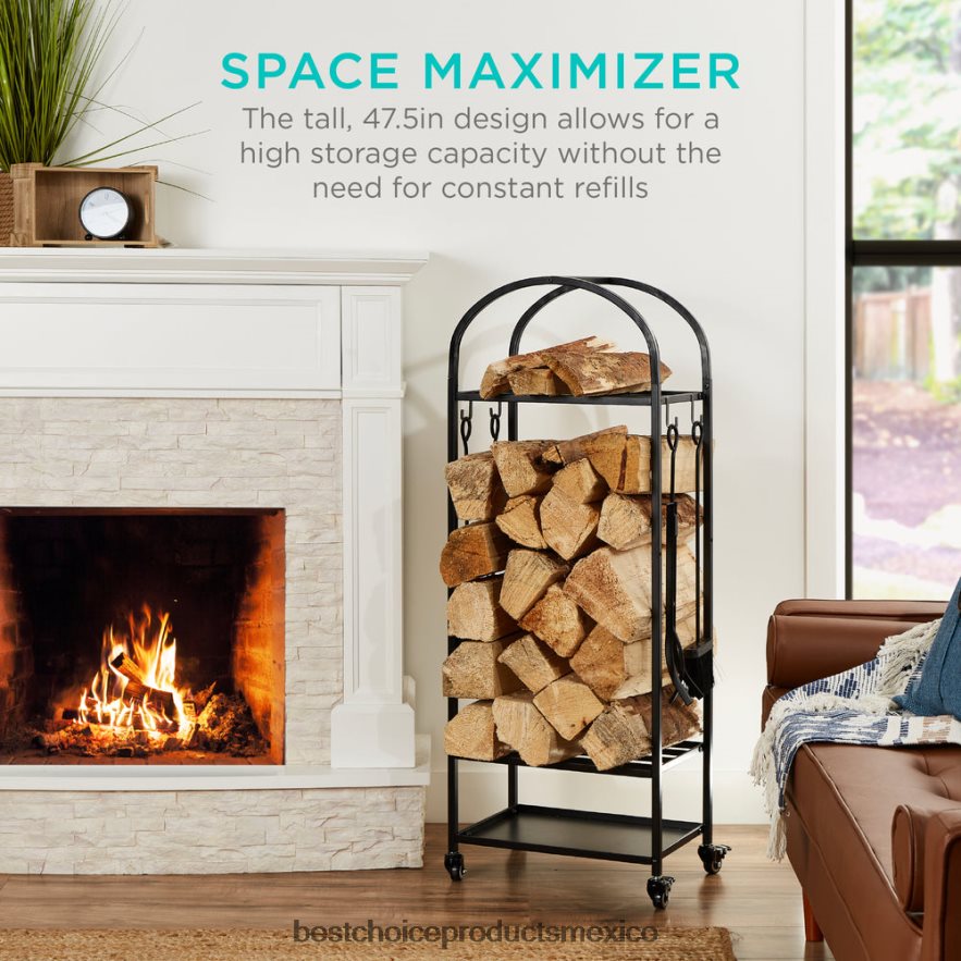 accesorio Rejilla para leña de hierro forjado de 3 niveles con juego de herramientas de 4 piezas y ruedas Best Choice Products negro X080FZ342