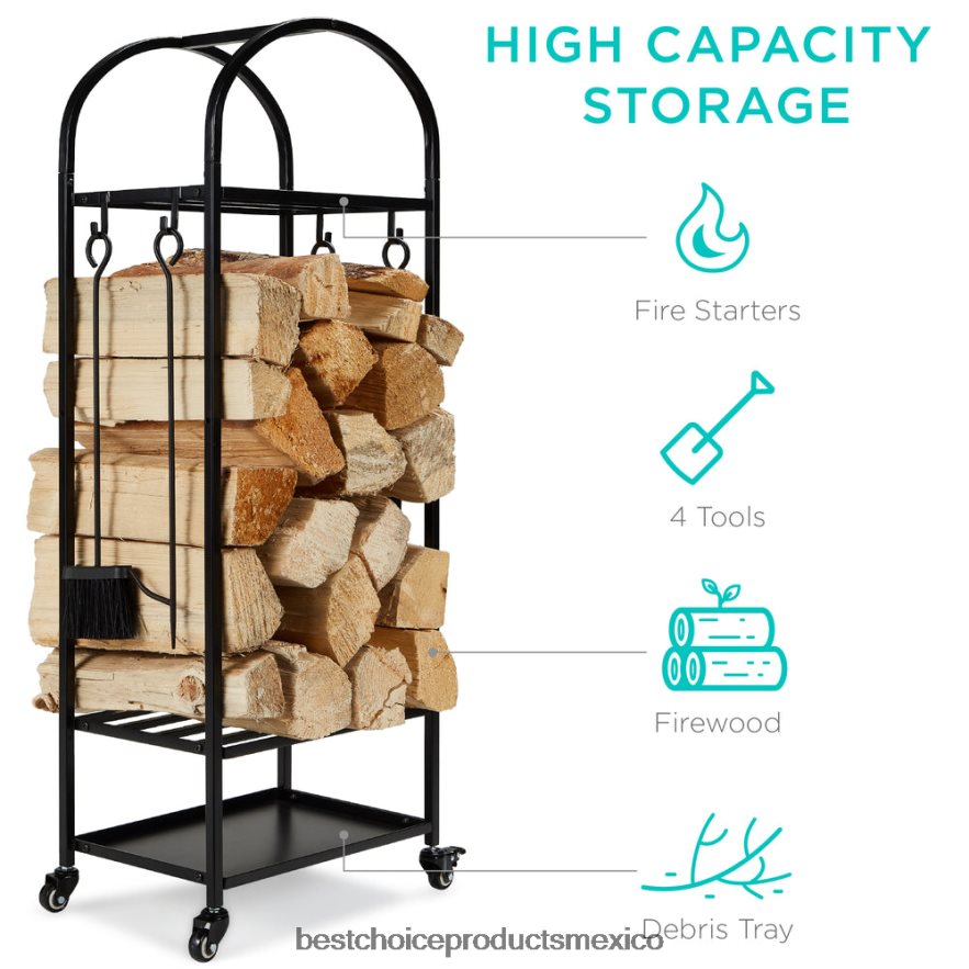 accesorio Rejilla para leña de hierro forjado de 3 niveles con juego de herramientas de 4 piezas y ruedas Best Choice Products negro X080FZ342