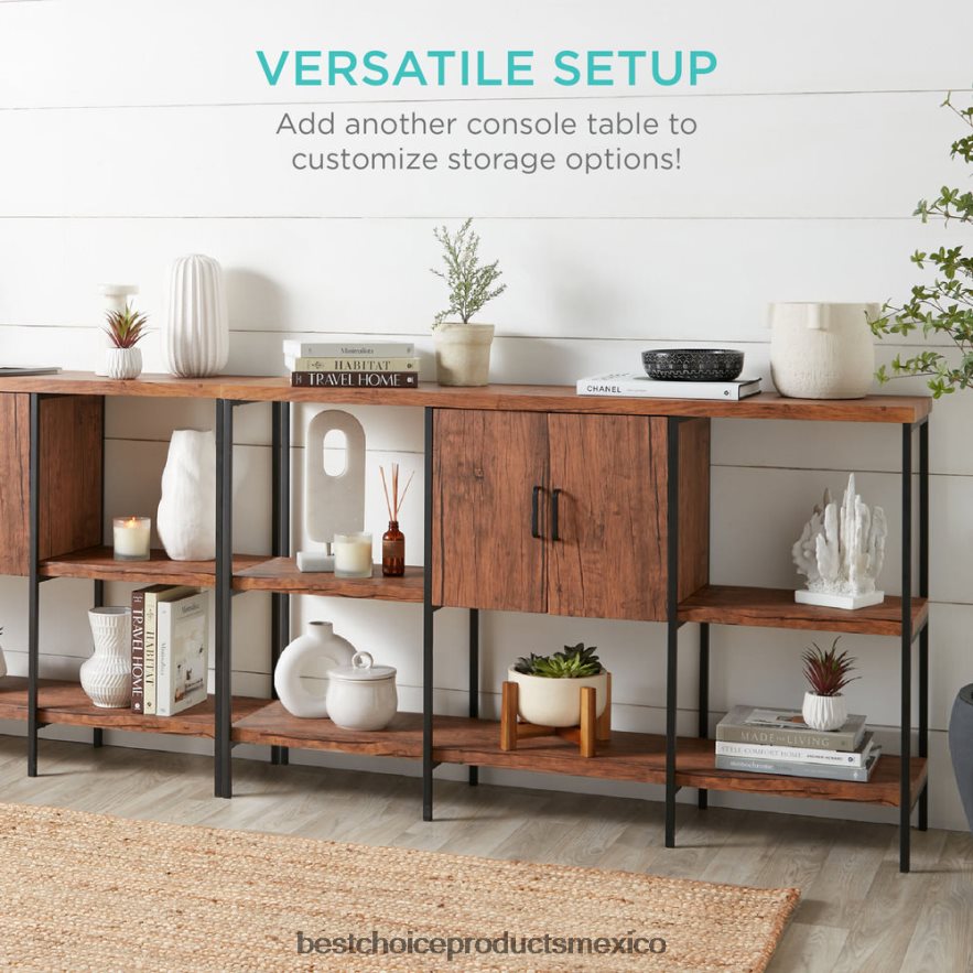 accesorio Mesa consola con estantes de 3 niveles y gabinete, patas que no rayan Best Choice Products marrón X080FZ701