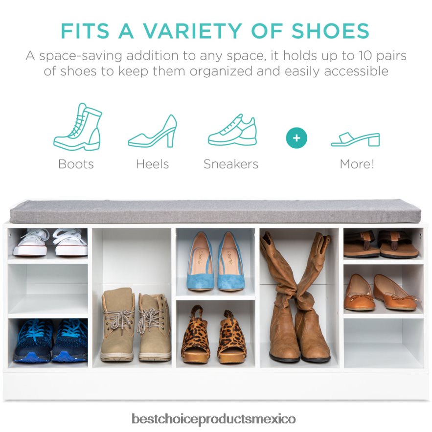 accesorio banco para guardar zapatos con asiento acolchado, 10 cubículos Best Choice Products blanco X080FZ1186