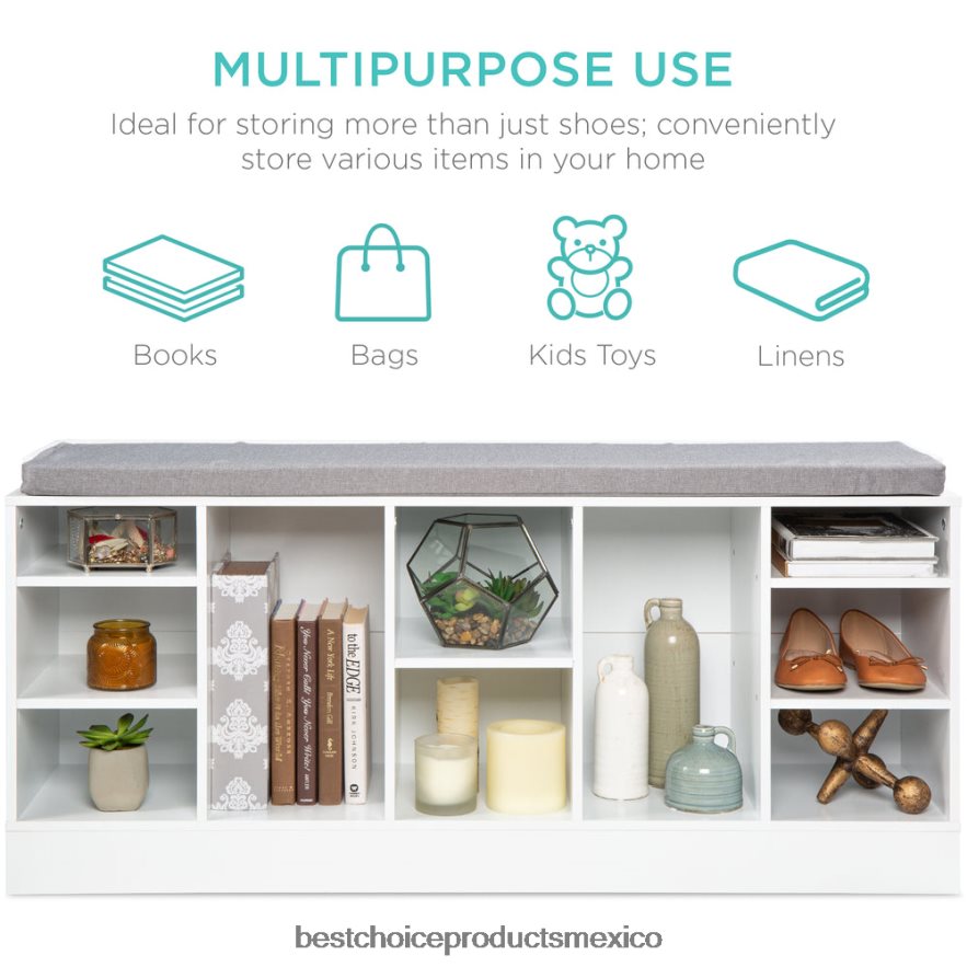 accesorio banco para guardar zapatos con asiento acolchado, 10 cubículos Best Choice Products blanco X080FZ1186
