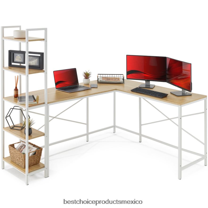 accesorio Escritorio para computadora en forma de L, estación de trabajo de estudio con estantería de almacenamiento abierta de 5 niveles Best Choice Products roble blanco X080FZ649