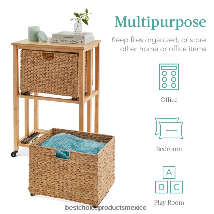 accesorio Archivador vertical con ruedas con estructura de madera de caucho y ruedas con bloqueo Best Choice Products natural X080FZ392