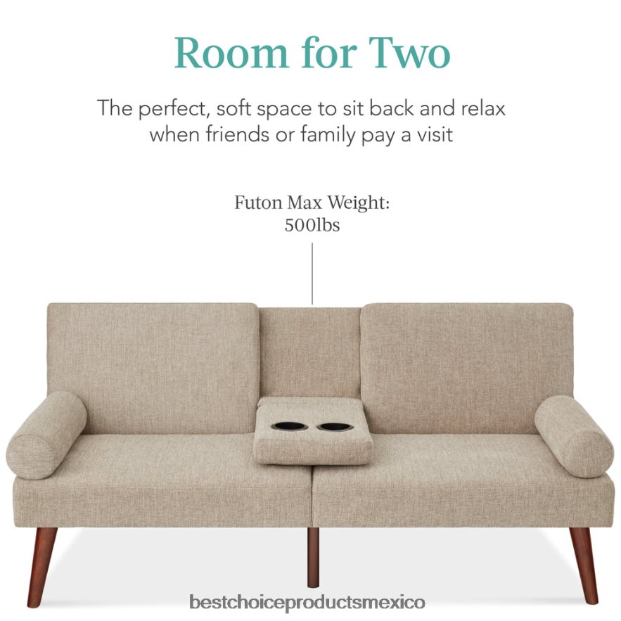 accesorio Futón convertible tapizado en tela con apoyabrazos redondeados, 2 portavasos Best Choice Products arena X080FZ684