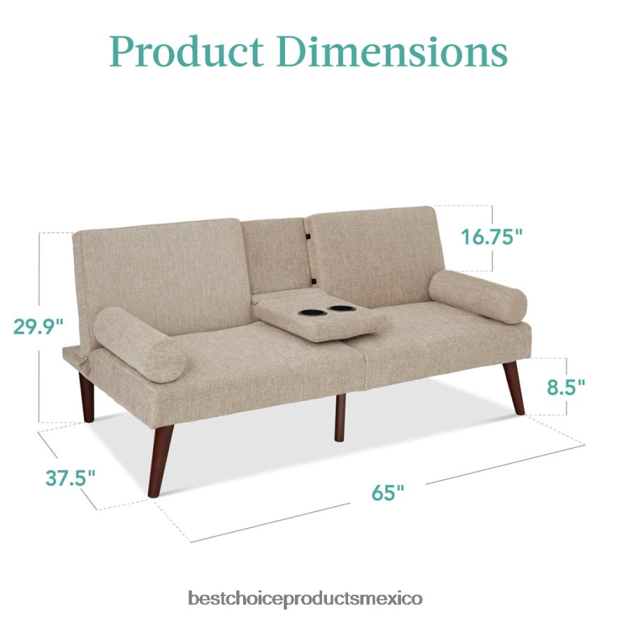 accesorio Futón convertible tapizado en tela con apoyabrazos redondeados, 2 portavasos Best Choice Products arena X080FZ684
