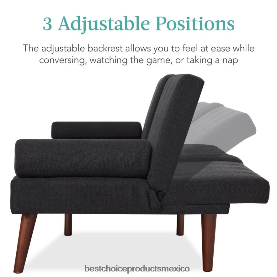 accesorio Futón convertible tapizado en tela con apoyabrazos redondeados, 2 portavasos Best Choice Products negro X080FZ685