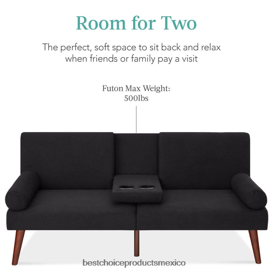 accesorio Futón convertible tapizado en tela con apoyabrazos redondeados, 2 portavasos Best Choice Products negro X080FZ685