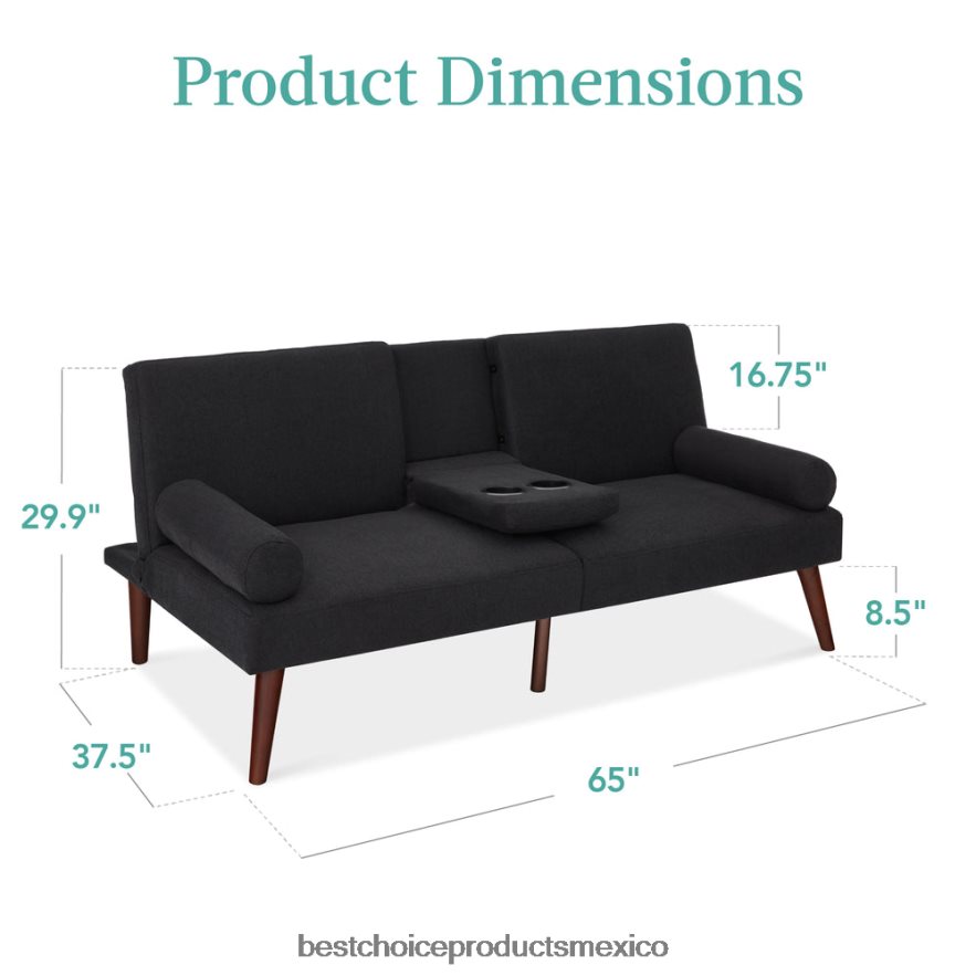 accesorio Futón convertible tapizado en tela con apoyabrazos redondeados, 2 portavasos Best Choice Products negro X080FZ685