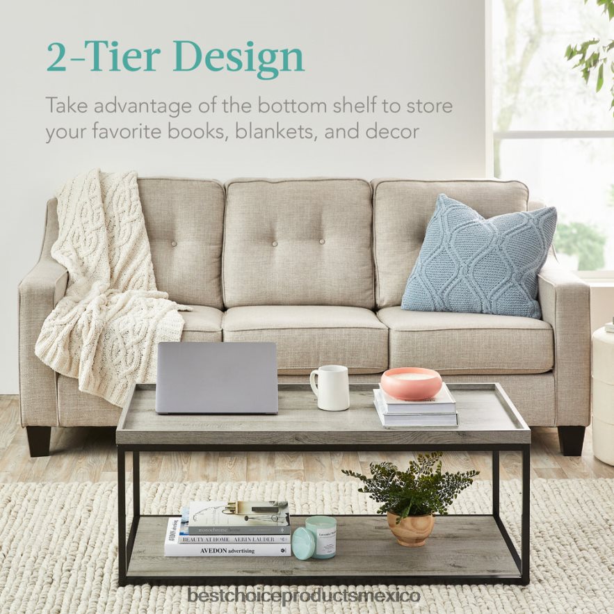 accesorio Mesa de centro con bandeja rectangular de 2 niveles con estructura de metal y estante Best Choice Products gris X080FZ732