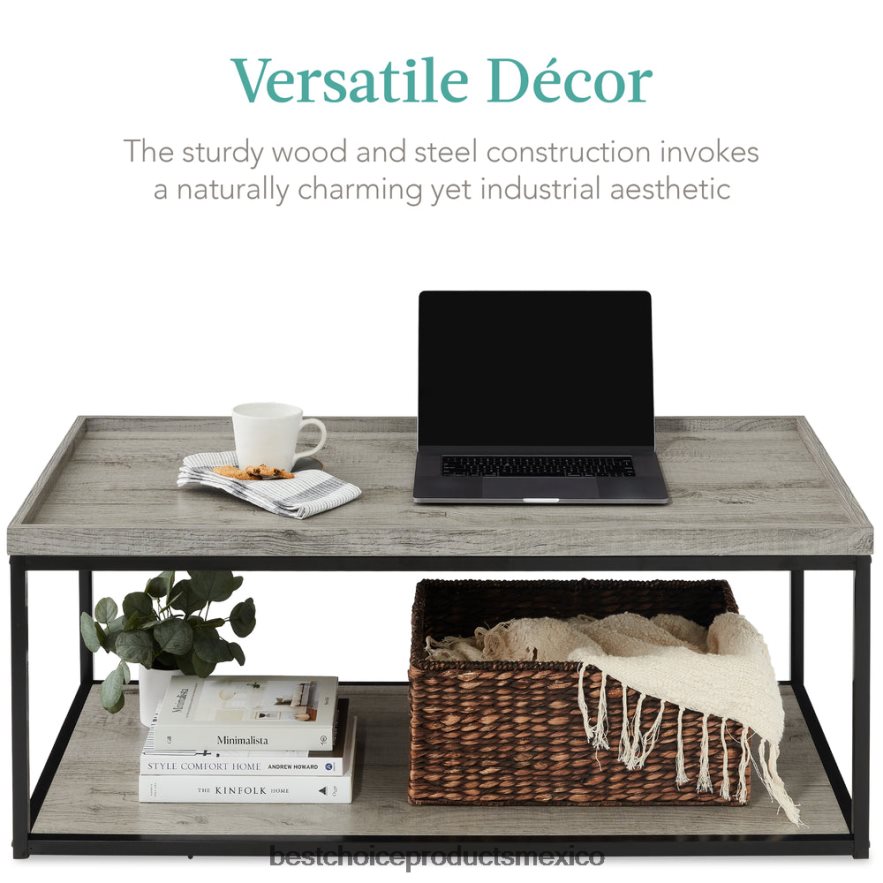 accesorio Mesa de centro con bandeja rectangular de 2 niveles con estructura de metal y estante Best Choice Products gris X080FZ732