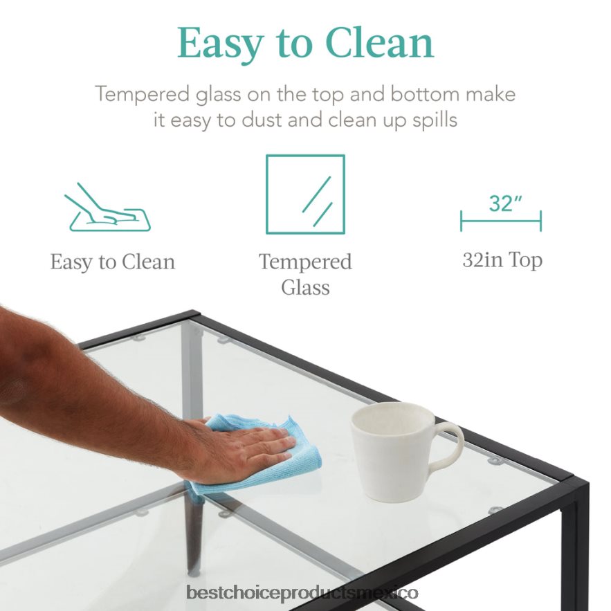 accesorio Mesa de centro cuadrada grande de 2 niveles decorativa para sala de estar con tapa de vidrio Best Choice Products negro X080FZ1254