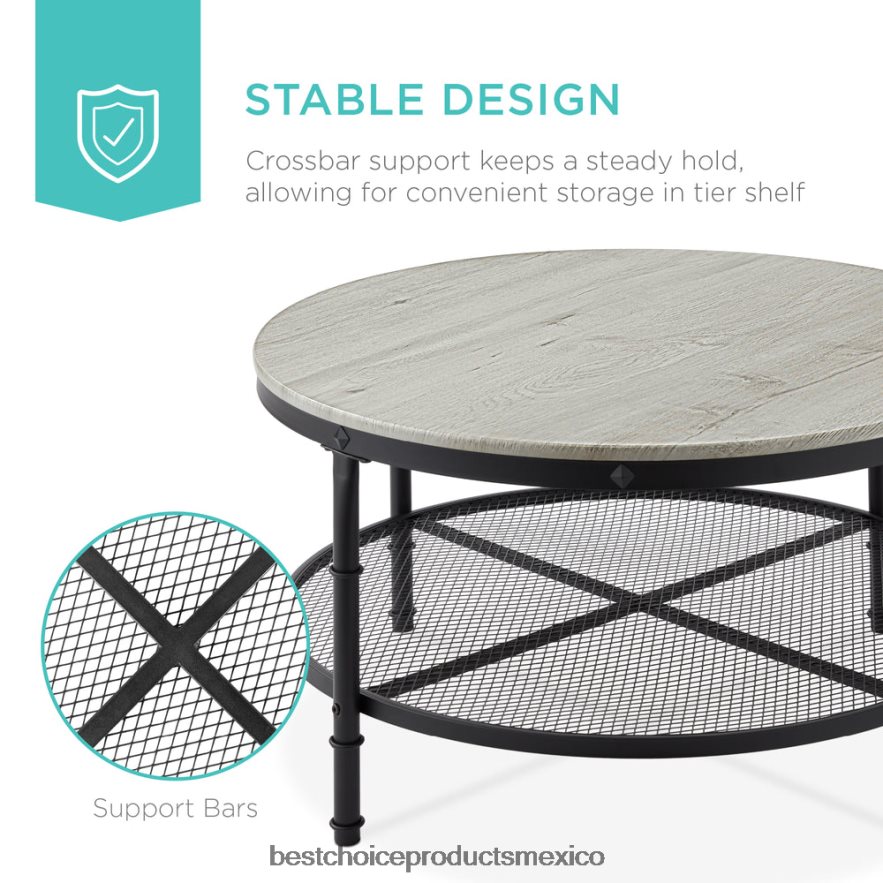 accesorio Mesa de centro industrial redonda de madera y acero de 2 niveles, estantes de almacenamiento Best Choice Products gris X080FZ356