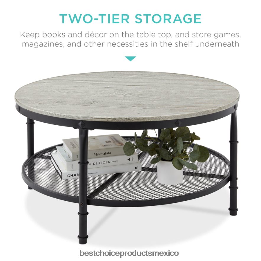 accesorio Mesa de centro industrial redonda de madera y acero de 2 niveles, estantes de almacenamiento Best Choice Products gris X080FZ356