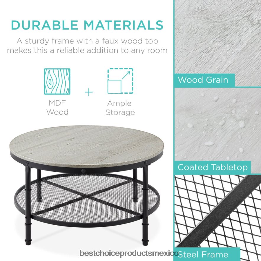 accesorio Mesa de centro industrial redonda de madera y acero de 2 niveles, estantes de almacenamiento Best Choice Products gris X080FZ356