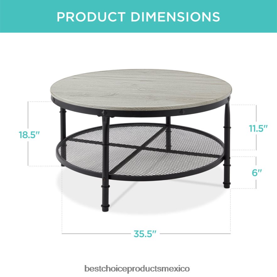 accesorio Mesa de centro industrial redonda de madera y acero de 2 niveles, estantes de almacenamiento Best Choice Products gris X080FZ356