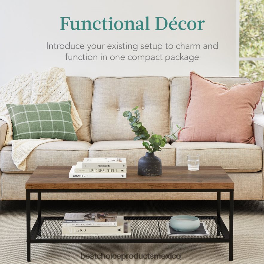 accesorio Mesa de centro moderna de 2 niveles con acento rectangular industrial y estante Best Choice Products marrón X080FZ737