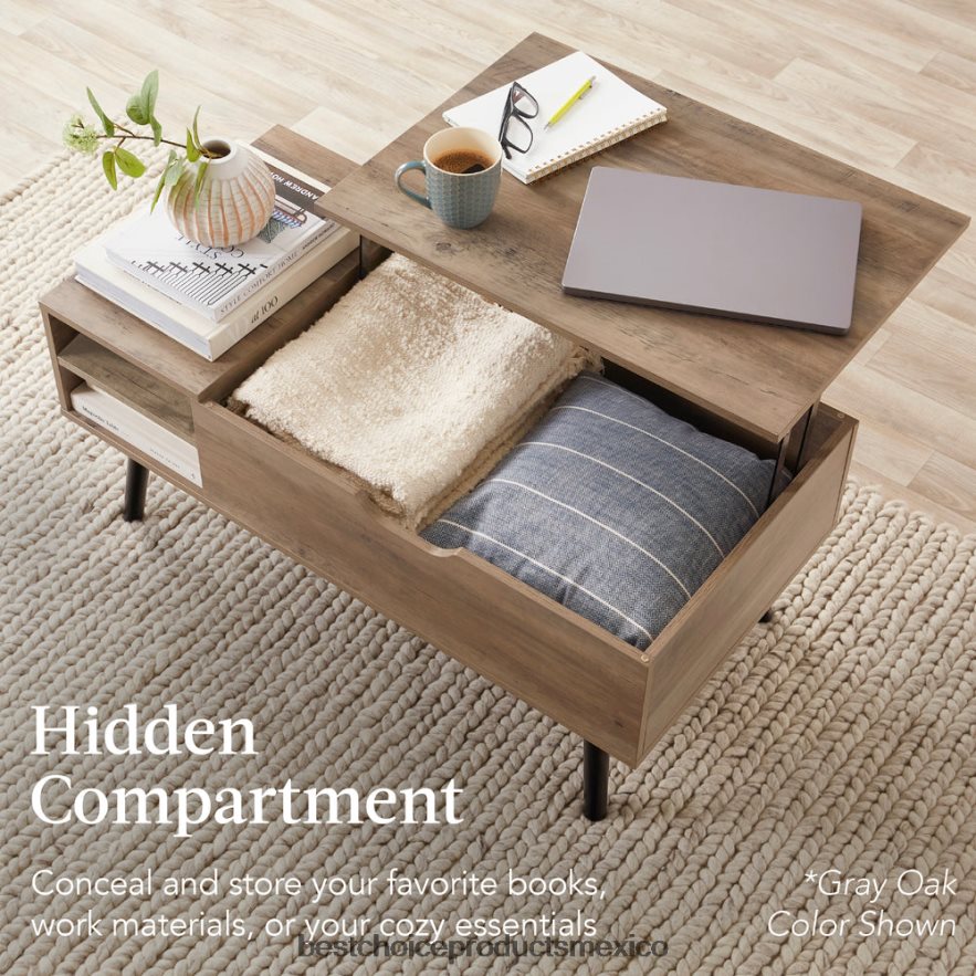 accesorio Mesa de centro moderna de madera de mediados de siglo con tapa elevable y estante extraíble Best Choice Products marrón X080FZ698