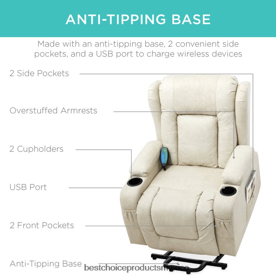 accesorio Sillón de masaje reclinable con elevador eléctrico con calefacción, puerto USB y portavasos Best Choice Products beige X080FZ626