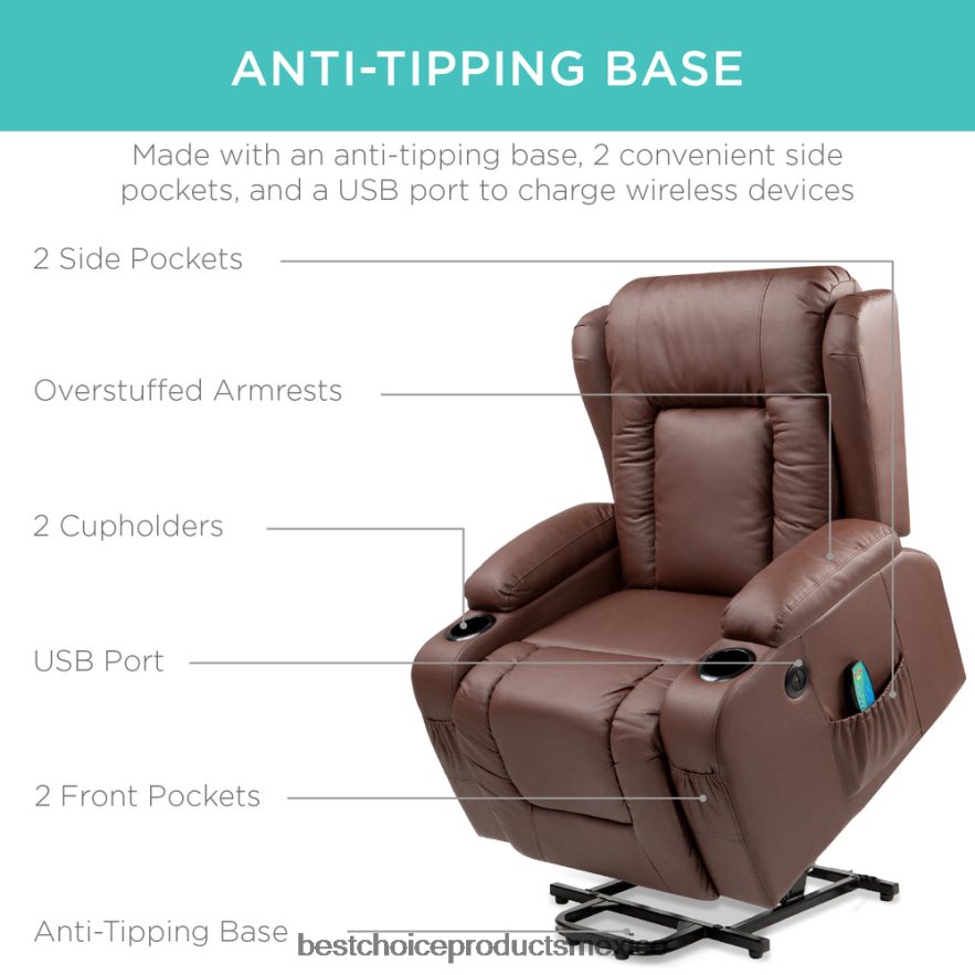 accesorio Sillón de masaje reclinable con elevador eléctrico con calefacción, puerto USB y portavasos Best Choice Products marrón X080FZ621
