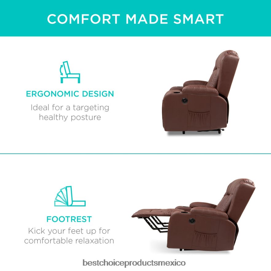accesorio Sillón de masaje reclinable con elevador eléctrico con calefacción, puerto USB y portavasos Best Choice Products marrón X080FZ621