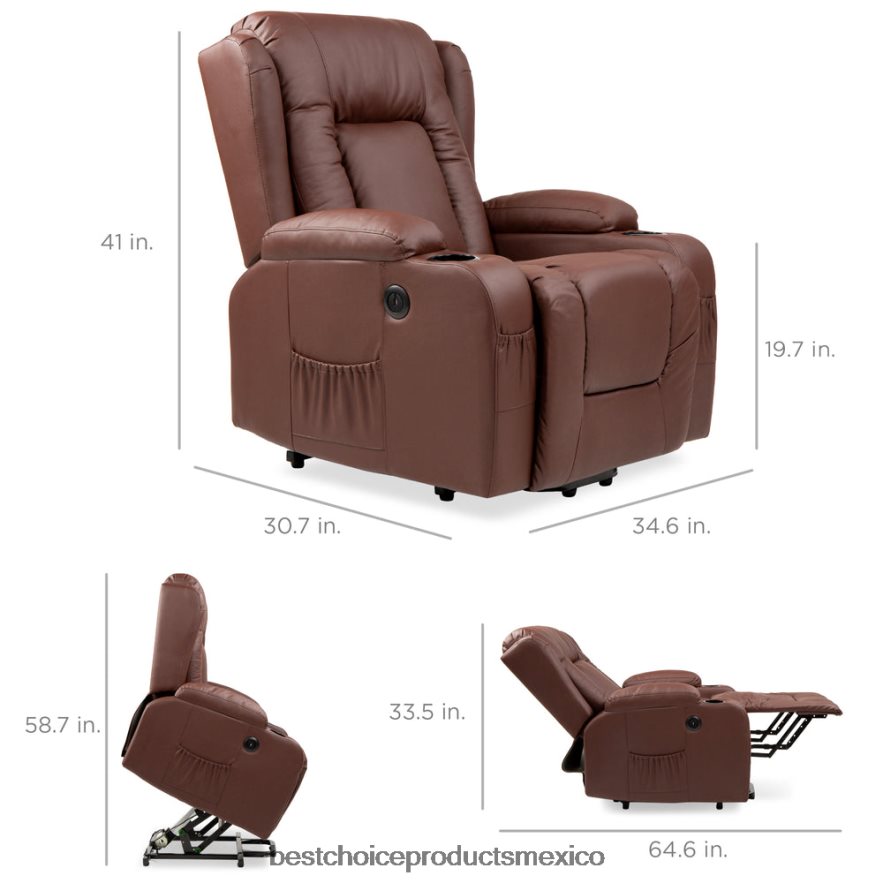 accesorio Sillón de masaje reclinable con elevador eléctrico con calefacción, puerto USB y portavasos Best Choice Products marrón X080FZ621