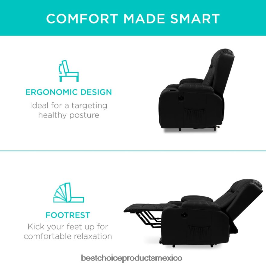 accesorio Sillón de masaje reclinable con elevador eléctrico con calefacción, puerto USB y portavasos Best Choice Products negro X080FZ620