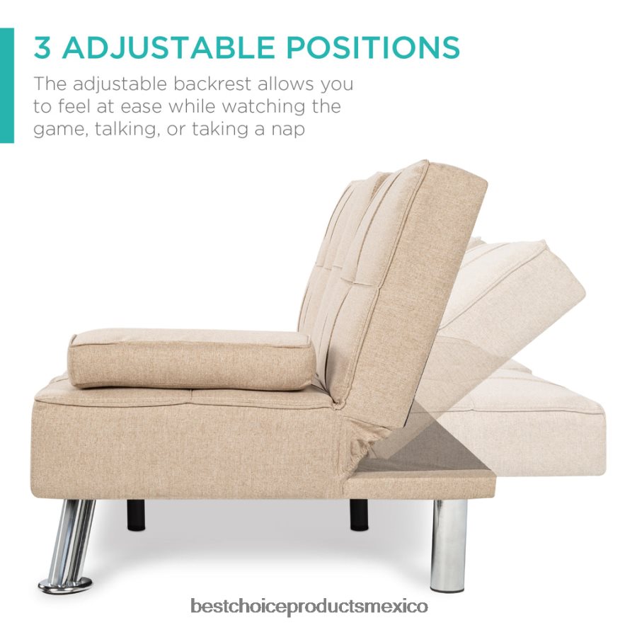 accesorio Sofá cama convertible tapizado en lino futón con 2 portavasos Best Choice Products beige X080FZ610