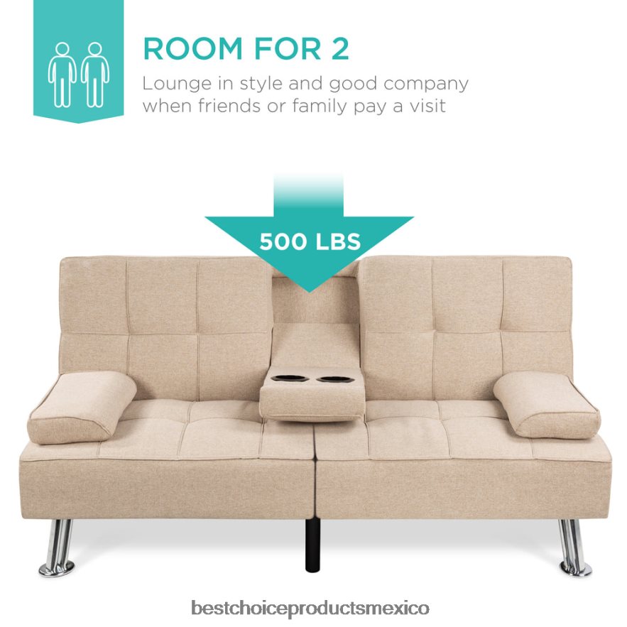 accesorio Sofá cama convertible tapizado en lino futón con 2 portavasos Best Choice Products beige X080FZ610
