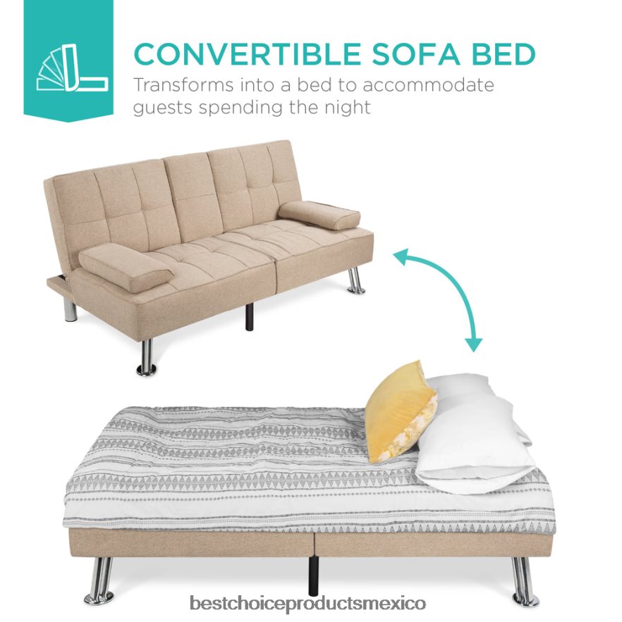 accesorio Sofá cama convertible tapizado en lino futón con 2 portavasos Best Choice Products beige X080FZ610