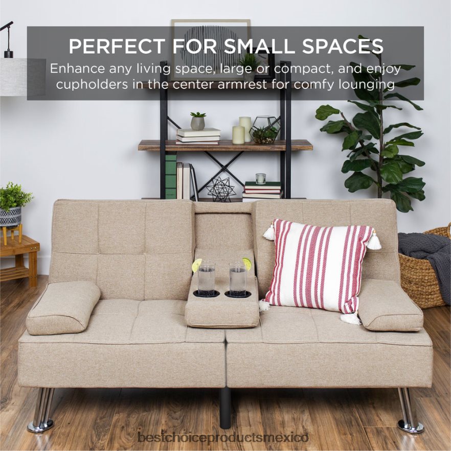 accesorio Sofá cama convertible tapizado en lino futón con 2 portavasos Best Choice Products beige X080FZ610