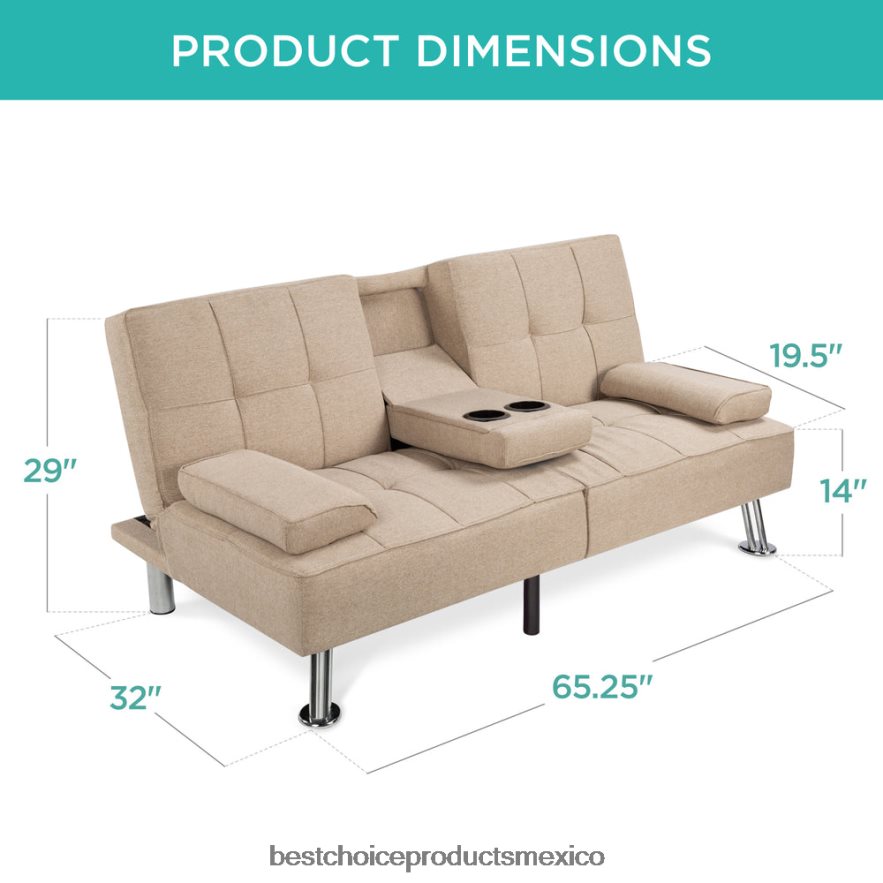 accesorio Sofá cama convertible tapizado en lino futón con 2 portavasos Best Choice Products beige X080FZ610