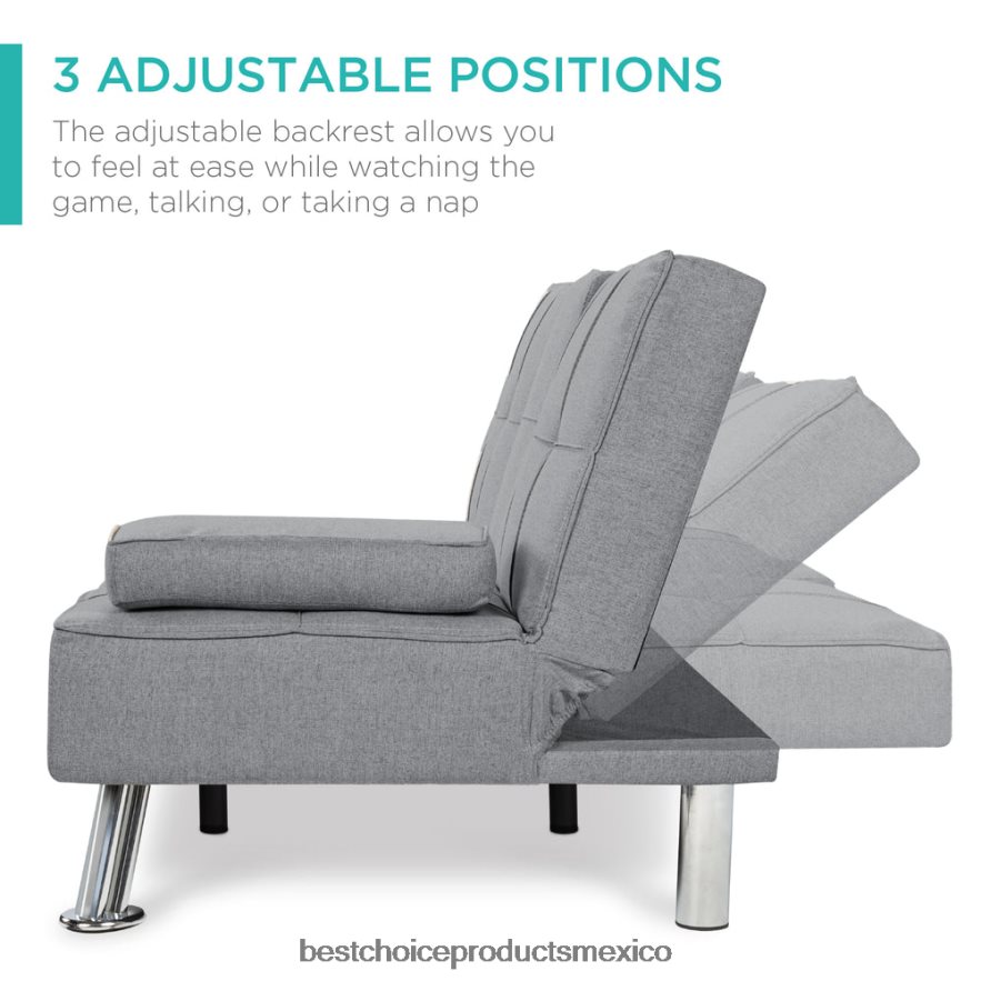 accesorio Sofá cama convertible tapizado en lino futón con 2 portavasos Best Choice Products gris X080FZ611