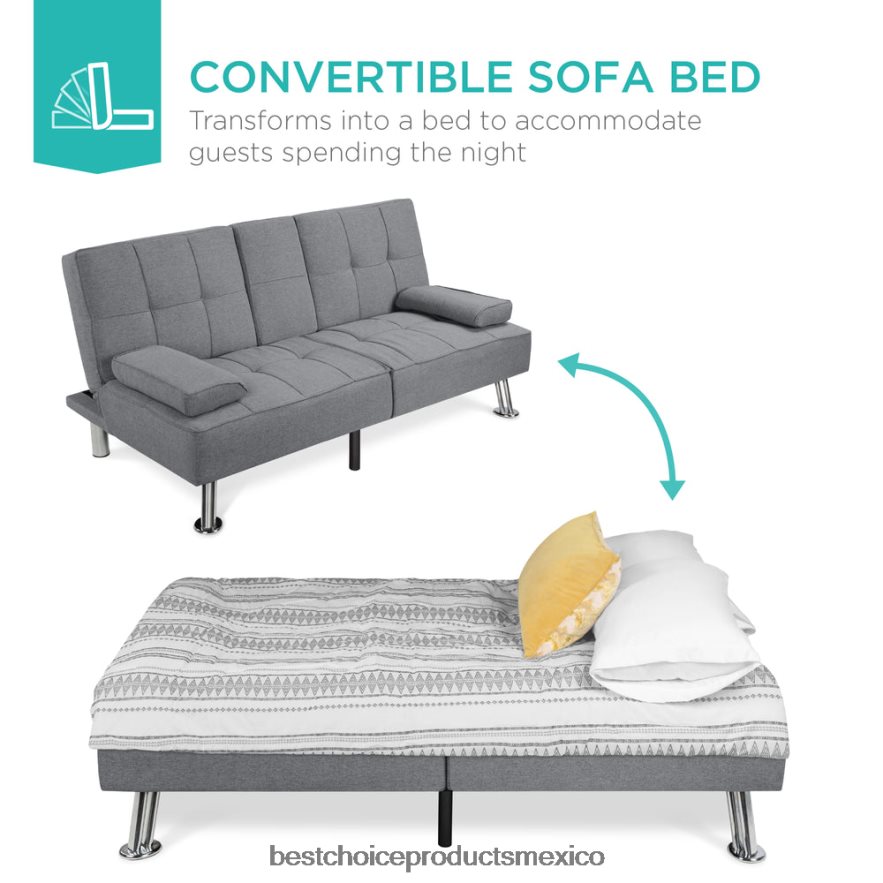 accesorio Sofá cama convertible tapizado en lino futón con 2 portavasos Best Choice Products gris X080FZ611