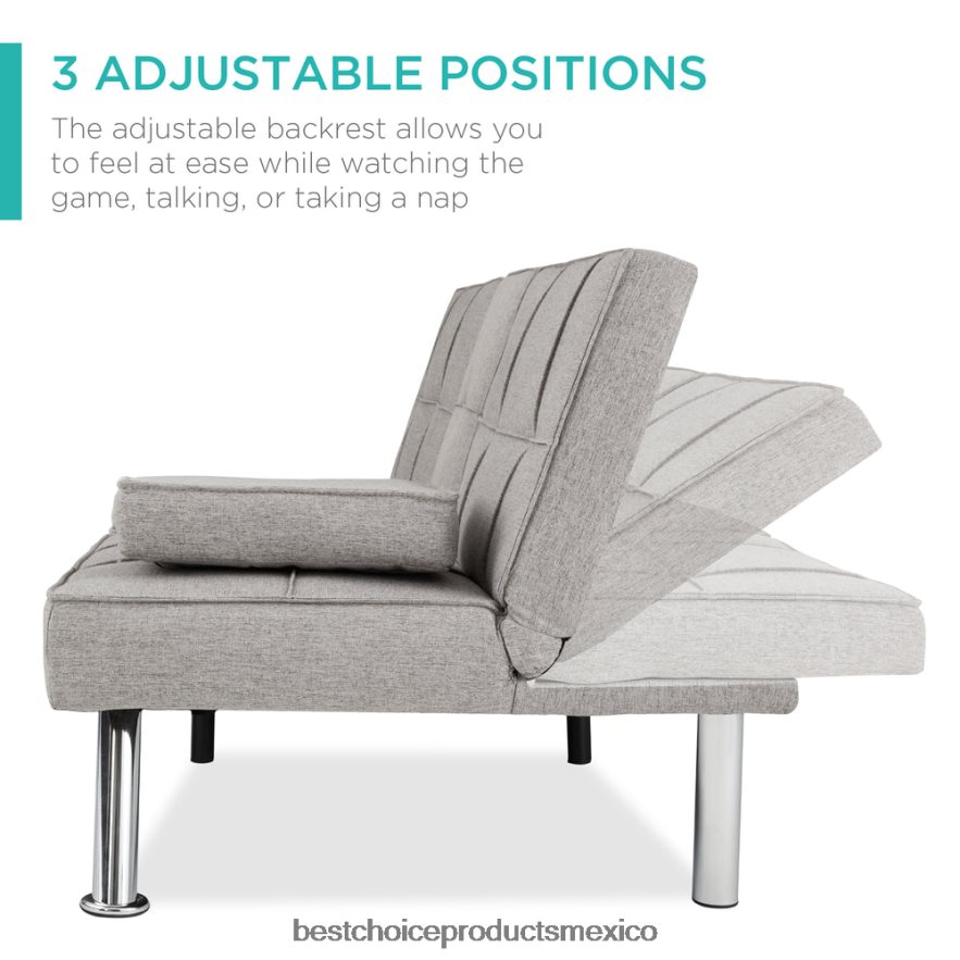 accesorio Sofá cama convertible tapizado en lino futón con 2 portavasos Best Choice Products gris claro X080FZ614