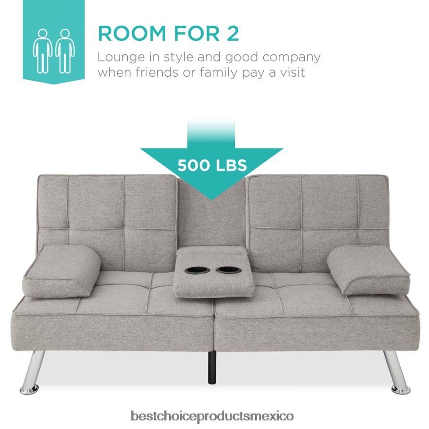 accesorio Sofá cama convertible tapizado en lino futón con 2 portavasos Best Choice Products gris claro X080FZ614