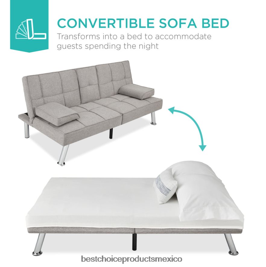 accesorio Sofá cama convertible tapizado en lino futón con 2 portavasos Best Choice Products gris claro X080FZ614