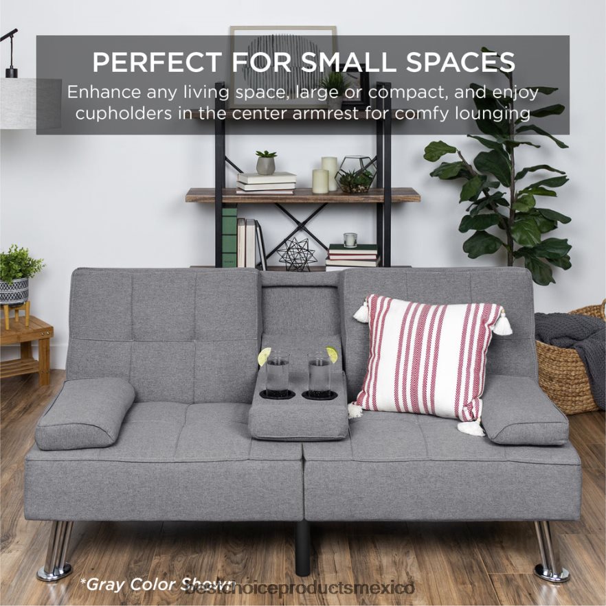 accesorio Sofá cama convertible tapizado en lino futón con 2 portavasos Best Choice Products gris claro X080FZ614