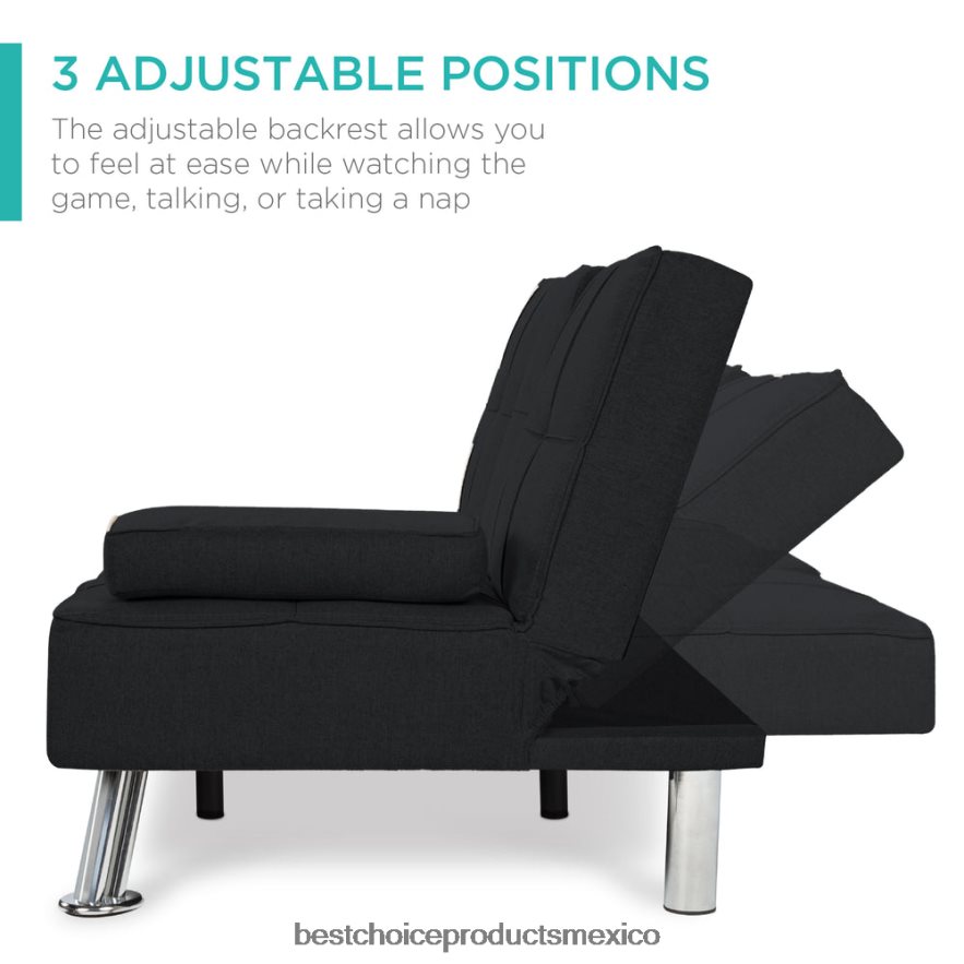 accesorio Sofá cama convertible tapizado en lino futón con 2 portavasos Best Choice Products negro X080FZ612