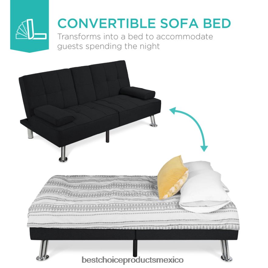 accesorio Sofá cama convertible tapizado en lino futón con 2 portavasos Best Choice Products negro X080FZ612