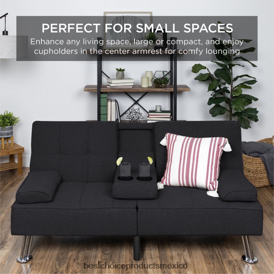 accesorio Sofá cama convertible tapizado en lino futón con 2 portavasos Best Choice Products negro X080FZ612