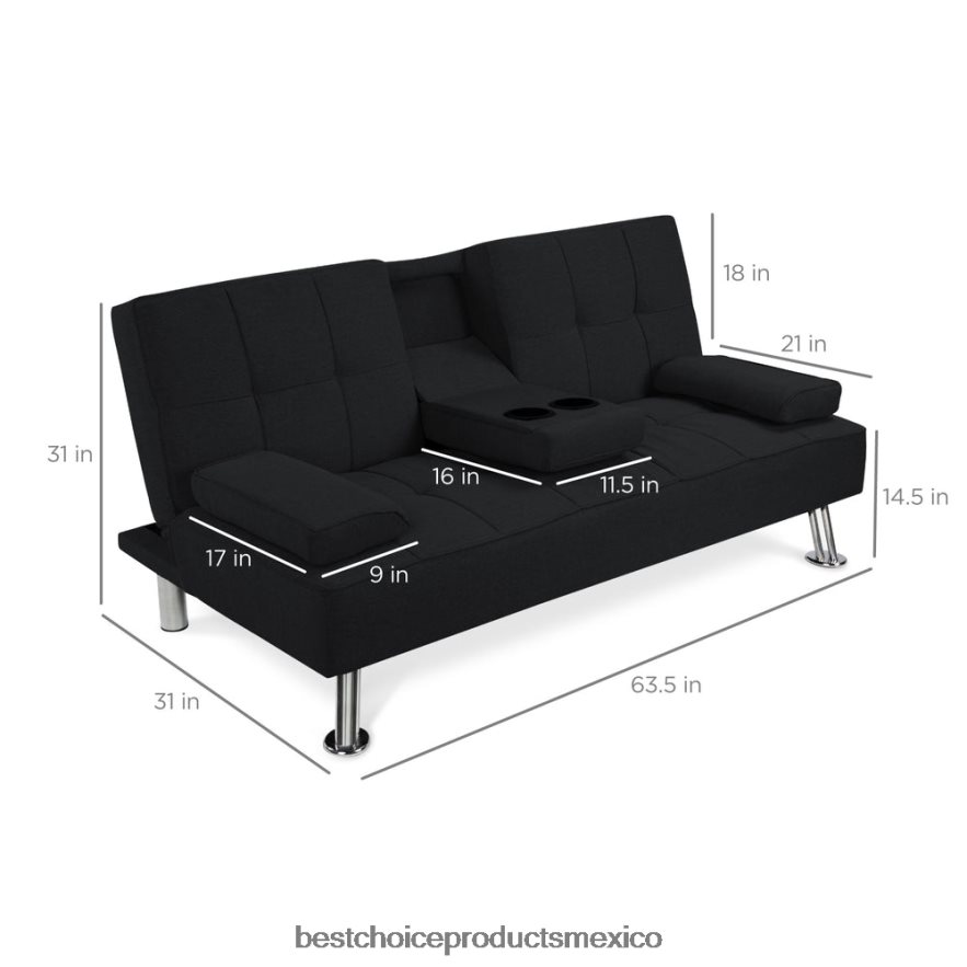 accesorio Sofá cama convertible tapizado en lino futón con 2 portavasos Best Choice Products negro X080FZ612