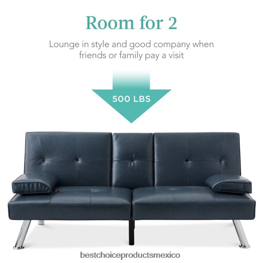 accesorio Sofá cama convertible tapizado en piel sintética futón con 2 portavasos Best Choice Products azul X080FZ631