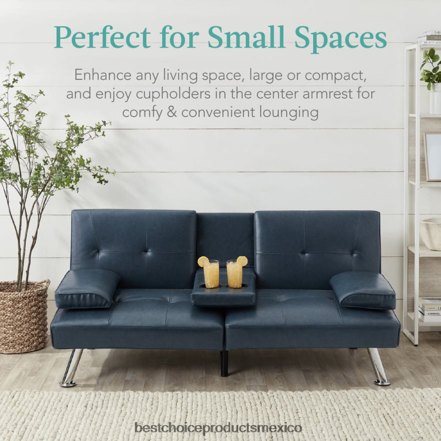 accesorio Sofá cama convertible tapizado en piel sintética futón con 2 portavasos Best Choice Products azul X080FZ631