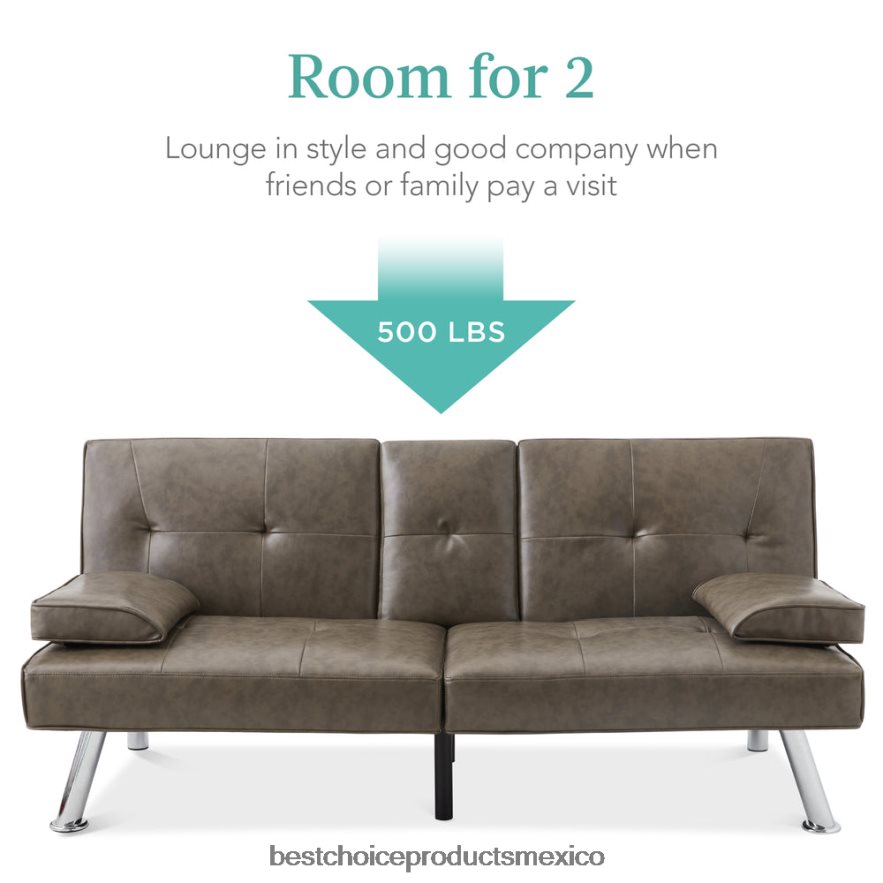 accesorio Sofá cama convertible tapizado en piel sintética futón con 2 portavasos Best Choice Products gris X080FZ630